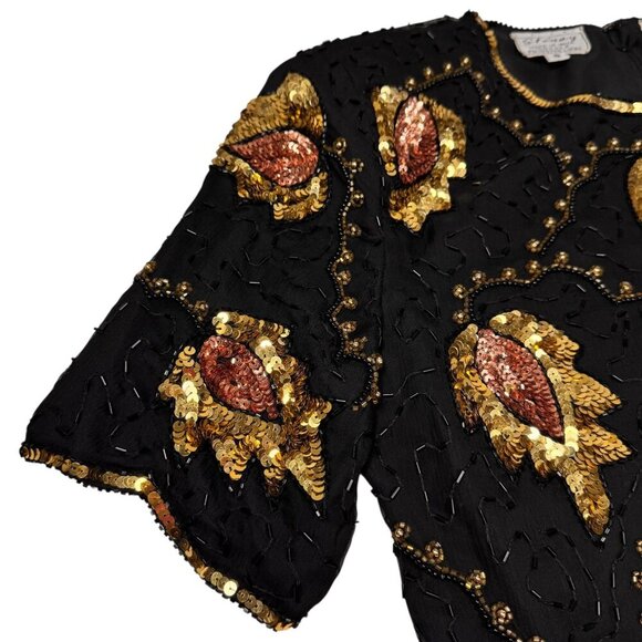 VTG 90s Stenay Beaded Top Sz.S Blak Gold Leaf Sequins Whimsigoth Fairy Formal - Picture 6 of 11